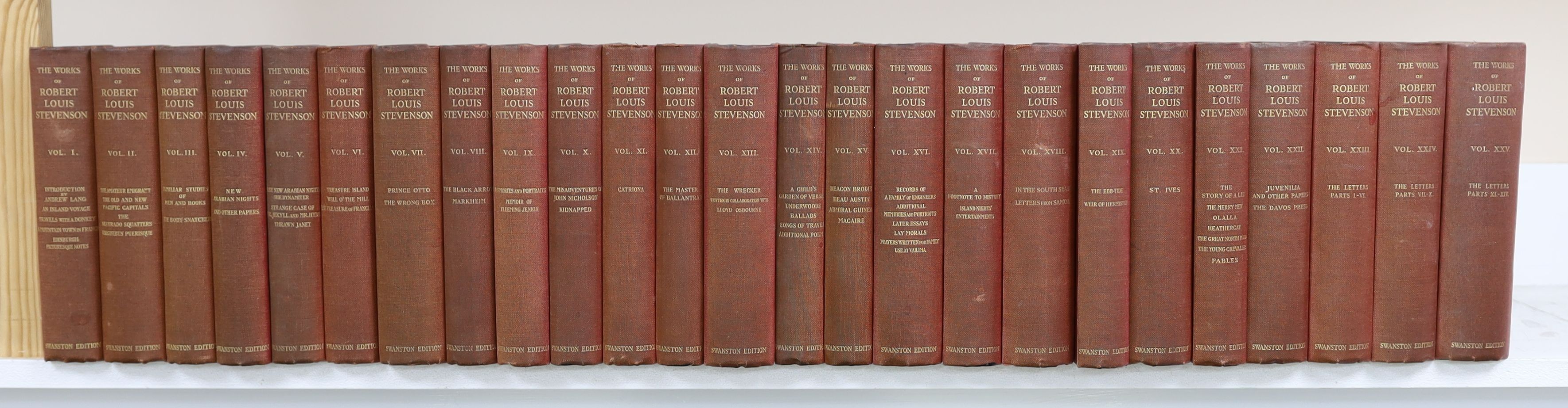 Stevenson, R.L. - The Works, introduction by Andrew Lang, 25 vol., Swanston edition, number 1565 of 2060 copies, frontispieces, original cloth, top edges gilt, others uncut, spines slightly faded, 8vo, 1911-1912